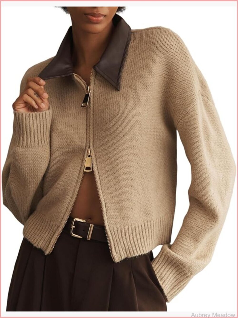 Cropped Zip Up Cardigan Sweater Long Sleeve Lapel Collar Chunky Knit Open Front